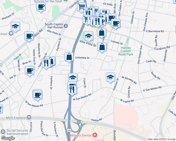 map of restaurants, bars, coffee shops, grocery stores, and more near 1520 Luisa Street in Santa Fe