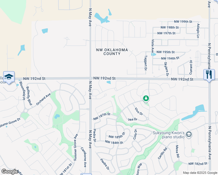 map of restaurants, bars, coffee shops, grocery stores, and more near 2890 Northwest 192nd Street in Edmond