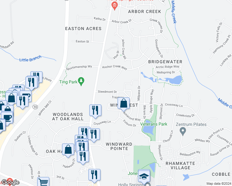 map of restaurants, bars, coffee shops, grocery stores, and more near 100 Sanchez Court in Holly Springs