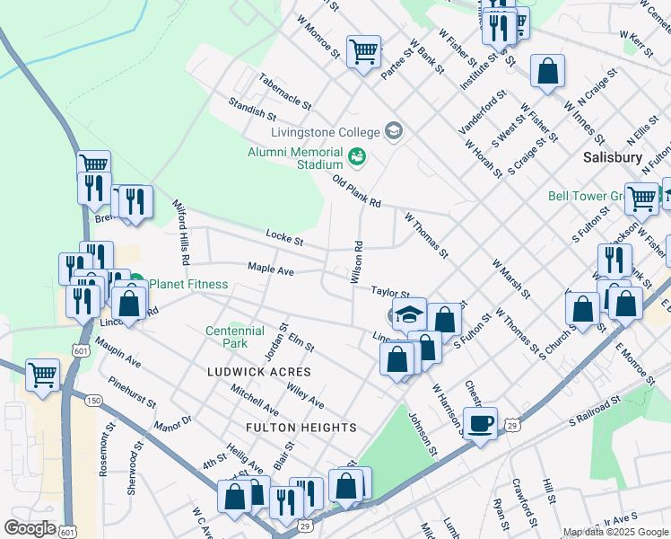 map of restaurants, bars, coffee shops, grocery stores, and more near 1009 Locke Street in Salisbury