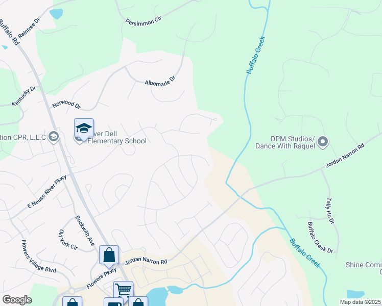map of restaurants, bars, coffee shops, grocery stores, and more near North Great White Way in Johnston County