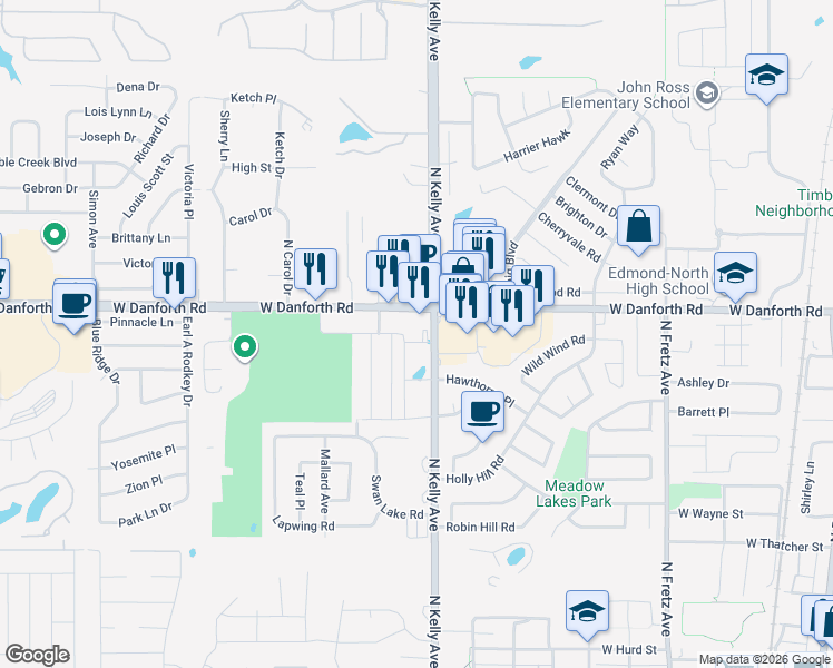 map of restaurants, bars, coffee shops, grocery stores, and more near 982 West Danforth Road in Edmond