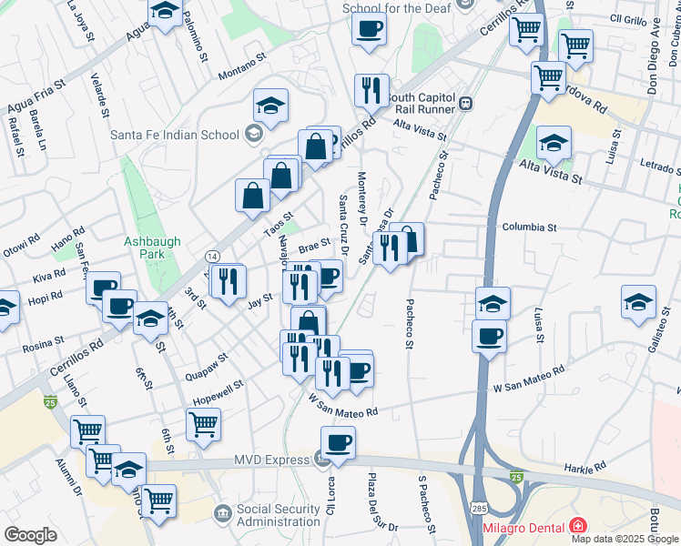 map of restaurants, bars, coffee shops, grocery stores, and more near 1443 Santa Cruz Drive in Santa Fe