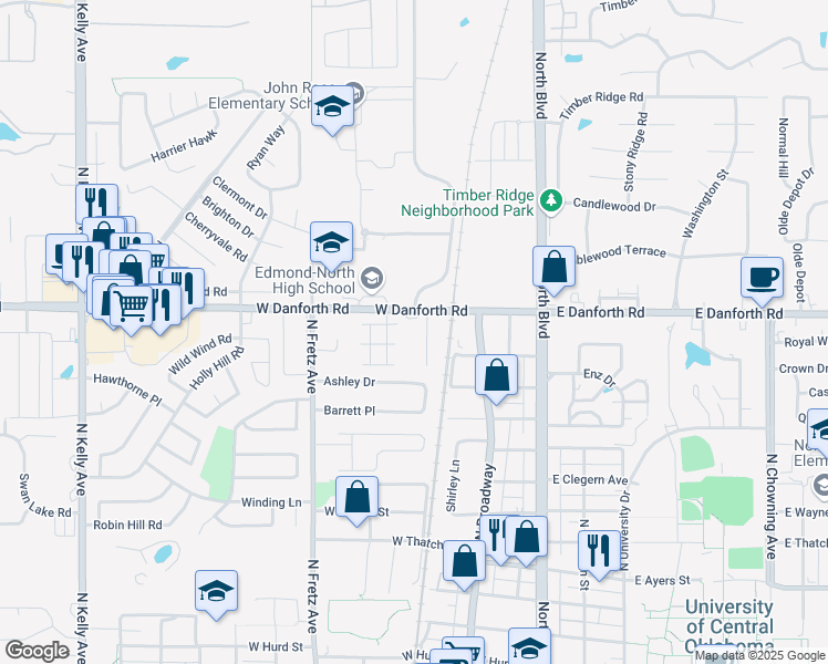 map of restaurants, bars, coffee shops, grocery stores, and more near 116 West Danforth Road in Edmond