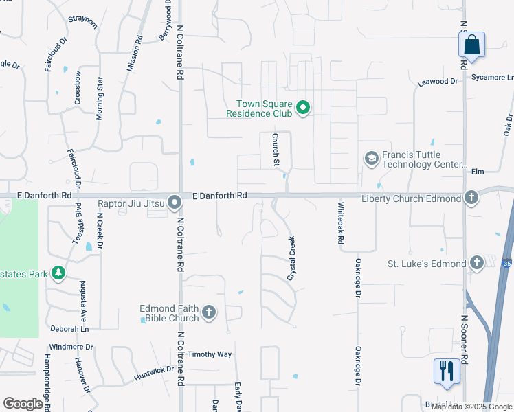 map of restaurants, bars, coffee shops, grocery stores, and more near 1067 Crystal Creek in Edmond
