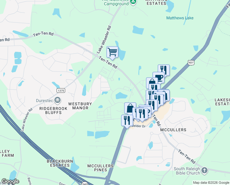 map of restaurants, bars, coffee shops, grocery stores, and more near 8020 Daddy Road in Raleigh