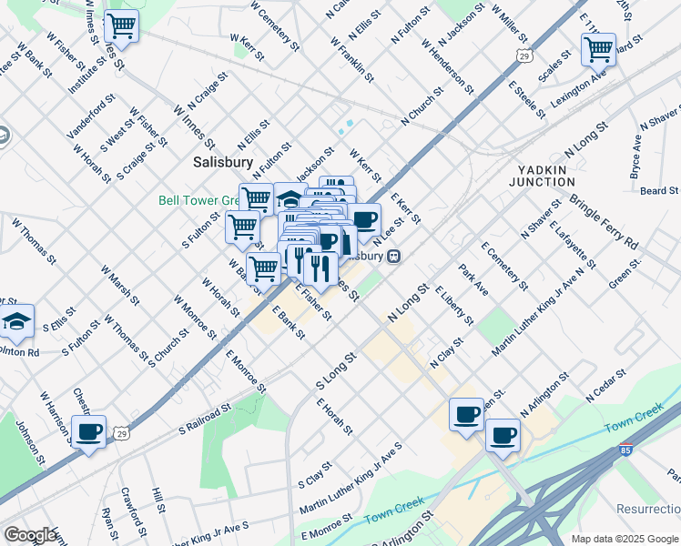 map of restaurants, bars, coffee shops, grocery stores, and more near 124 East Innes Street in Salisbury