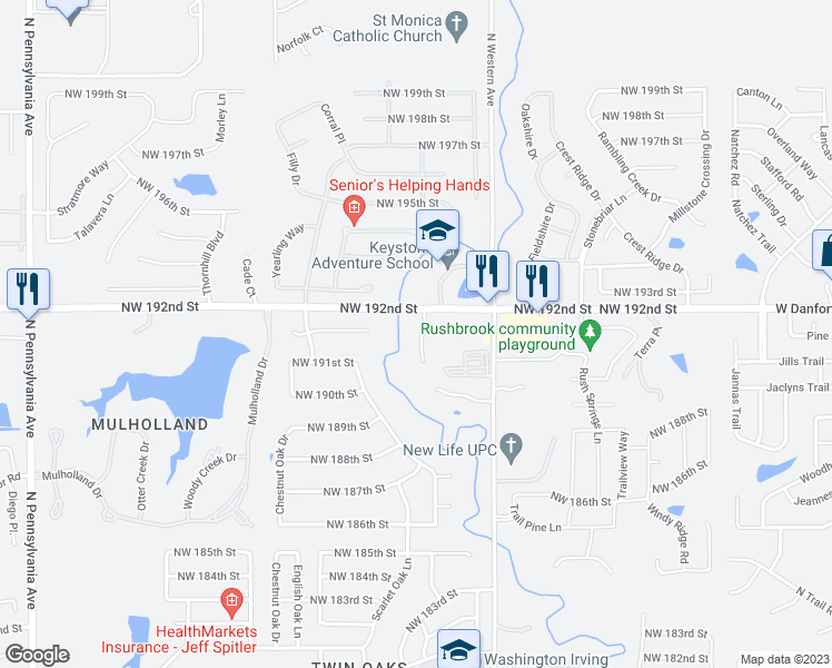 map of restaurants, bars, coffee shops, grocery stores, and more near 19209 Canyon Creek Place in Edmond