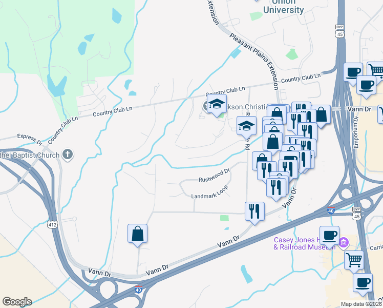 map of restaurants, bars, coffee shops, grocery stores, and more near 85 Bent Creek Lane in Jackson