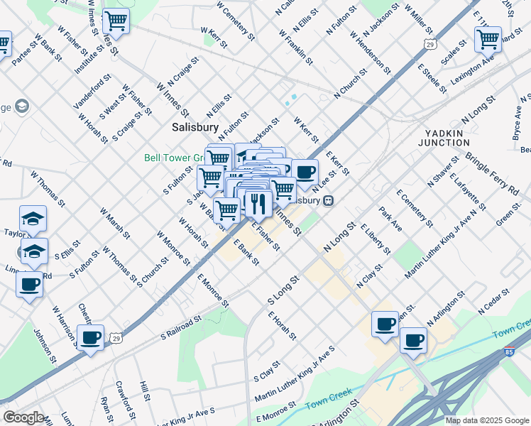 map of restaurants, bars, coffee shops, grocery stores, and more near 117 U.S. 29 in Salisbury