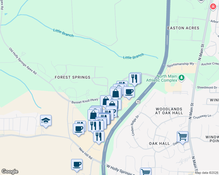 map of restaurants, bars, coffee shops, grocery stores, and more near 300 Vinewood Place in Holly Springs