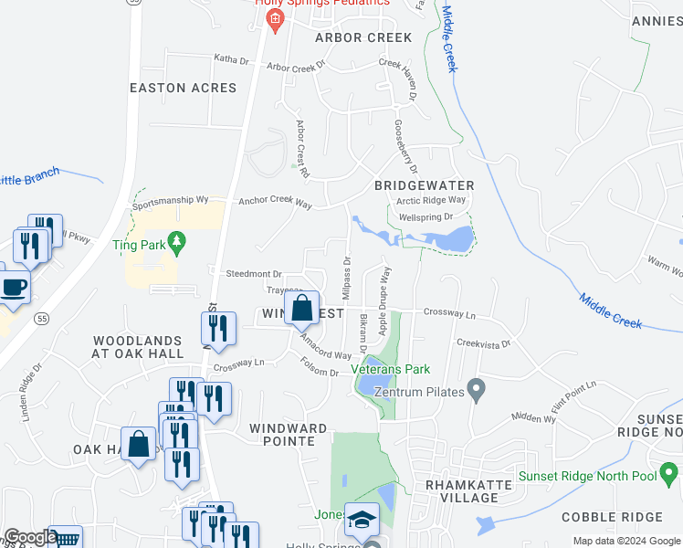 map of restaurants, bars, coffee shops, grocery stores, and more near 233 Milpass Drive in Holly Springs