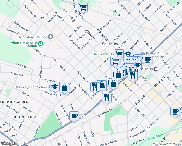 map of restaurants, bars, coffee shops, grocery stores, and more near 402 West Monroe Street in Salisbury