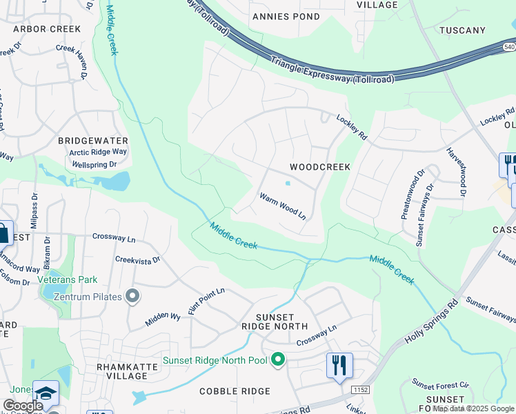 map of restaurants, bars, coffee shops, grocery stores, and more near 105 Cicada Place in Apex