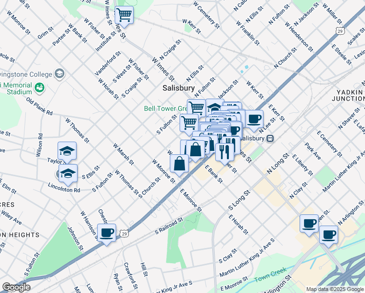 map of restaurants, bars, coffee shops, grocery stores, and more near 211 West Bank Street in Salisbury