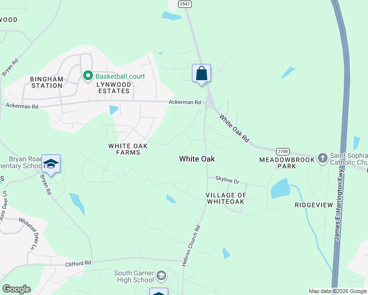 map of restaurants, bars, coffee shops, grocery stores, and more near 7900 Hebron Church Road in Garner