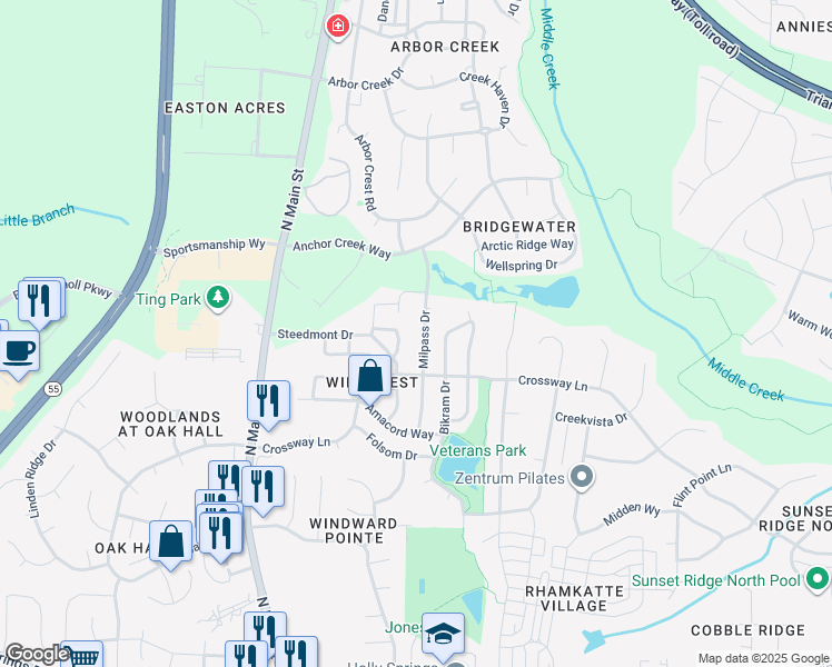 map of restaurants, bars, coffee shops, grocery stores, and more near 241 Milpass Drive in Holly Springs