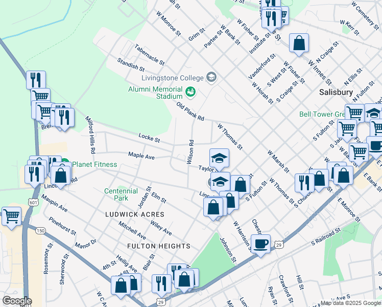 map of restaurants, bars, coffee shops, grocery stores, and more near Wilson Road in Salisbury