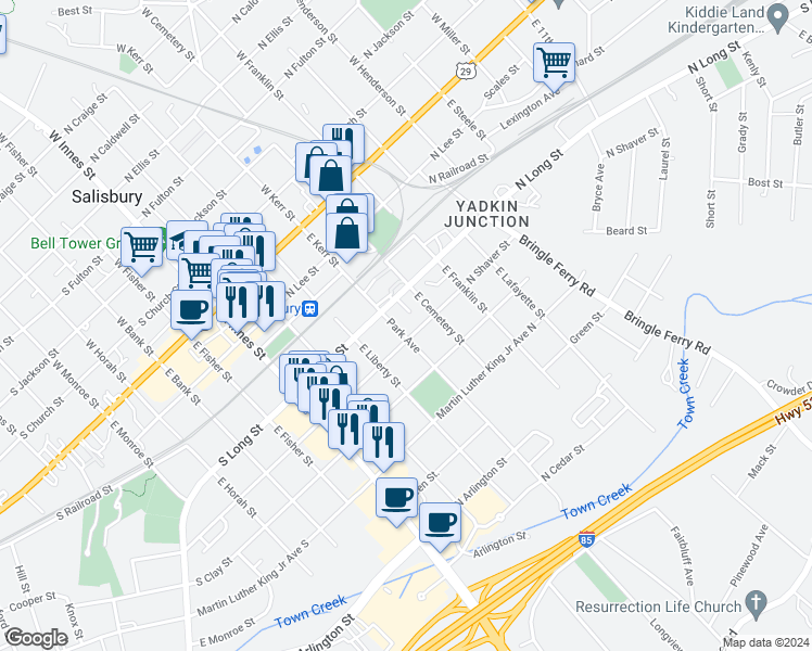 map of restaurants, bars, coffee shops, grocery stores, and more near 424 Park Avenue in Salisbury