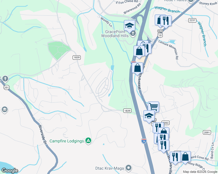 map of restaurants, bars, coffee shops, grocery stores, and more near 98 Black Locust Drive in Asheville