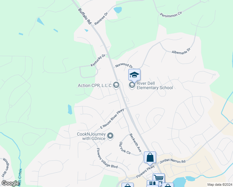 map of restaurants, bars, coffee shops, grocery stores, and more near Heathwood Drive in Clayton