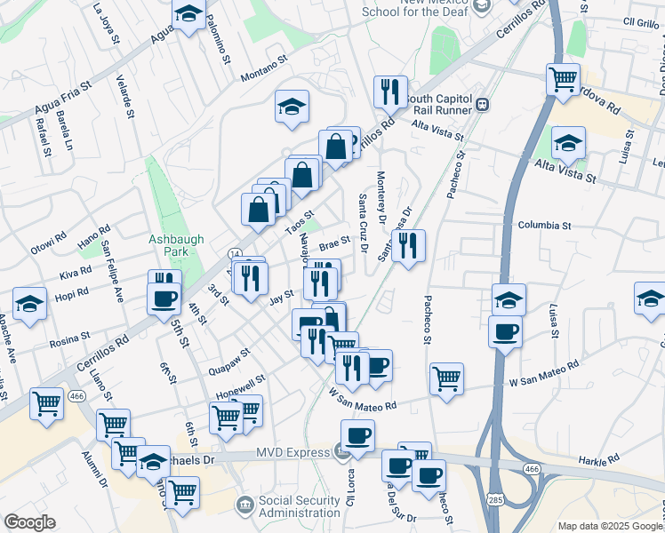 map of restaurants, bars, coffee shops, grocery stores, and more near 1610 Young Street in Santa Fe