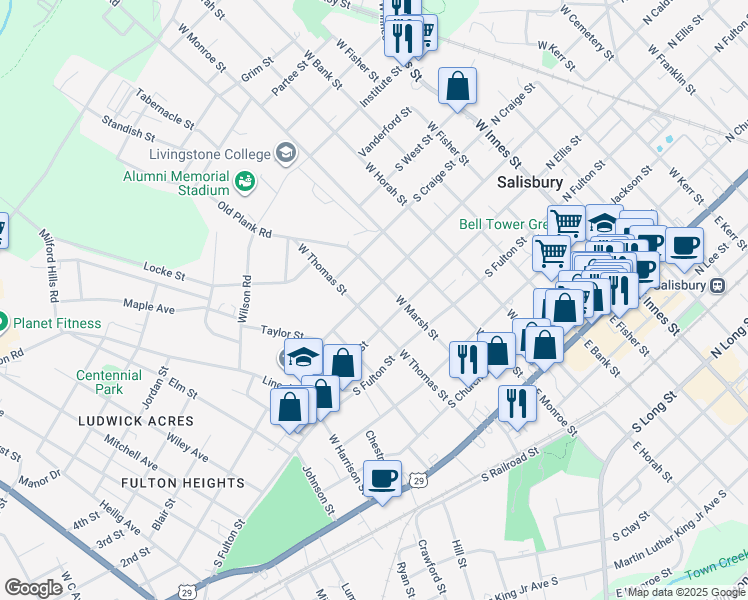 map of restaurants, bars, coffee shops, grocery stores, and more near 619 S Caldwell St in Salisbury