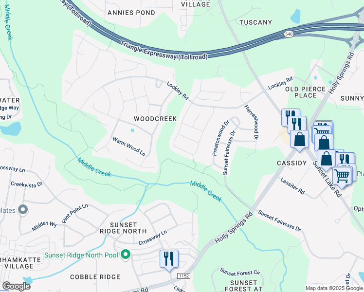 map of restaurants, bars, coffee shops, grocery stores, and more near 324 Canterwood Drive in Apex