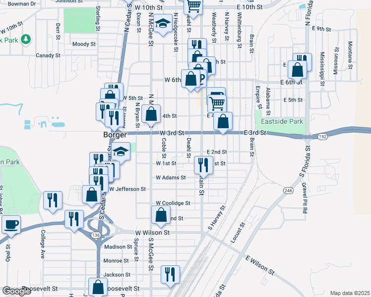 map of restaurants, bars, coffee shops, grocery stores, and more near 201 Deahl Street in Borger