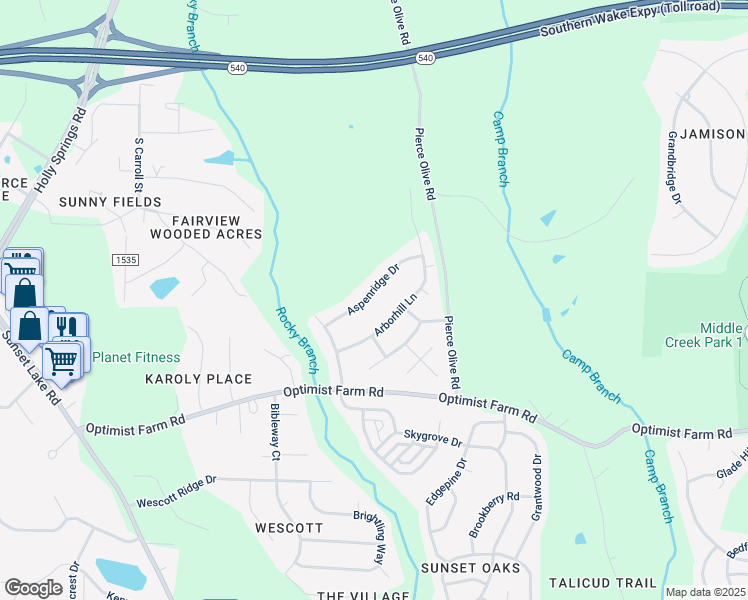 map of restaurants, bars, coffee shops, grocery stores, and more near 121 Aspenridge Drive in Holly Springs