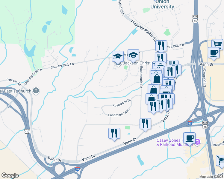 map of restaurants, bars, coffee shops, grocery stores, and more near 85 Bent Creek Lane in Jackson