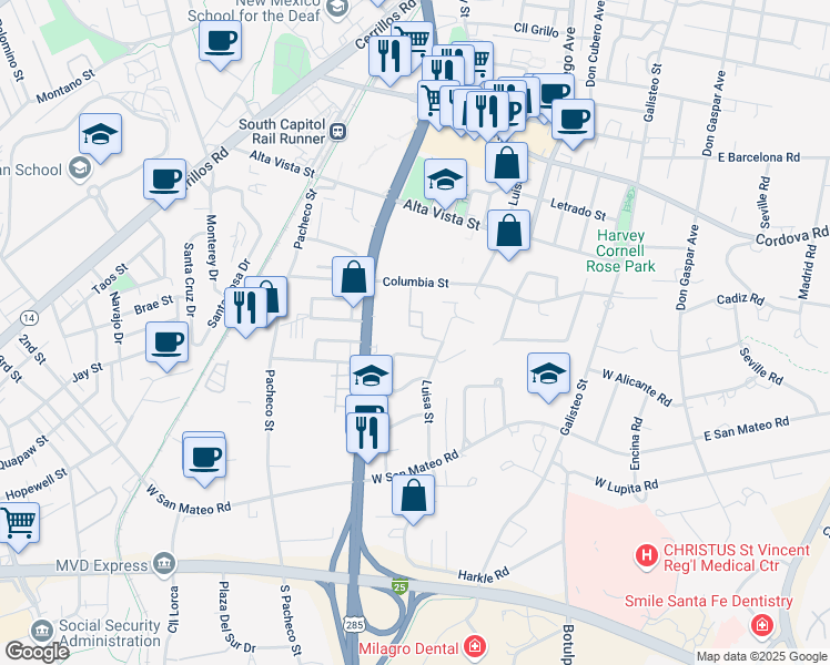 map of restaurants, bars, coffee shops, grocery stores, and more near 1516 Luisa Street in Santa Fe