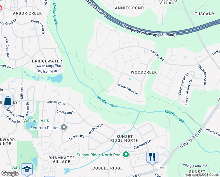map of restaurants, bars, coffee shops, grocery stores, and more near 308 Bountywood Drive in Apex