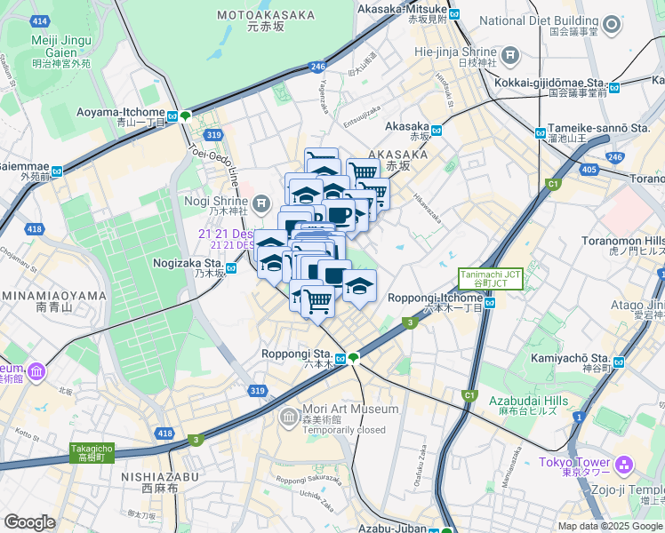 map of restaurants, bars, coffee shops, grocery stores, and more near in Minato City