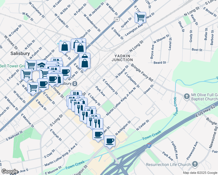 map of restaurants, bars, coffee shops, grocery stores, and more near 505 East Cemetary Street in Salisbury