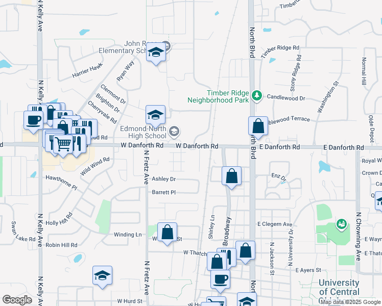 map of restaurants, bars, coffee shops, grocery stores, and more near 116 West Danforth Road in Edmond