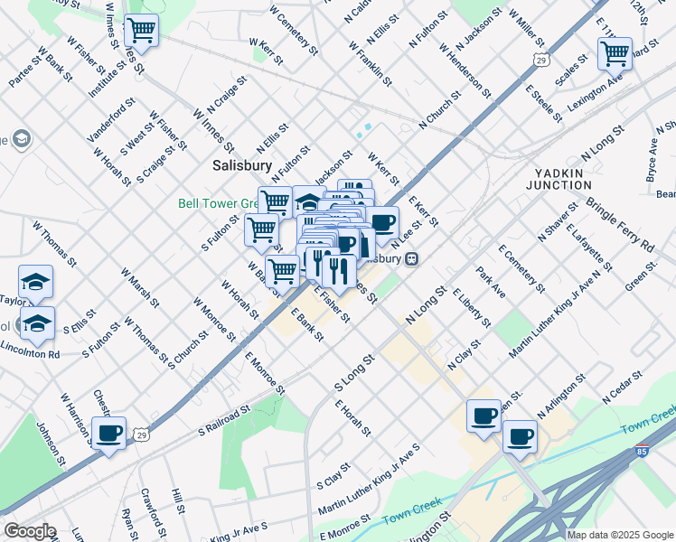 map of restaurants, bars, coffee shops, grocery stores, and more near 124 East Innes Street in Salisbury