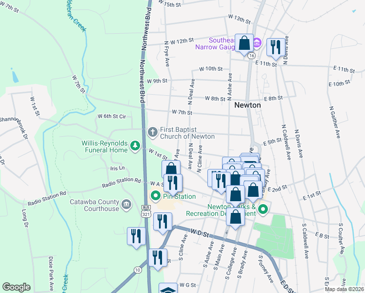map of restaurants, bars, coffee shops, grocery stores, and more near 410 North Deal Avenue in Newton