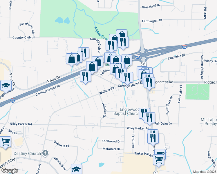 map of restaurants, bars, coffee shops, grocery stores, and more near 134 Carriage House Drive in Jackson