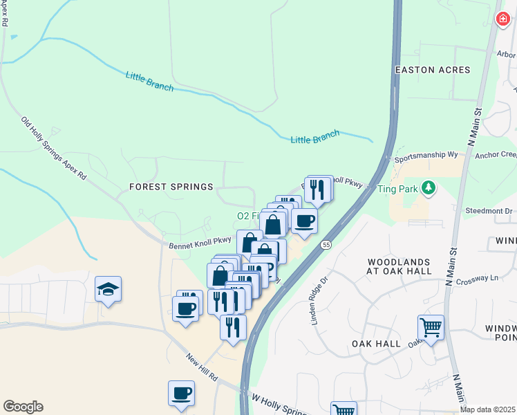 map of restaurants, bars, coffee shops, grocery stores, and more near 300 Vinewood Place in Holly Springs