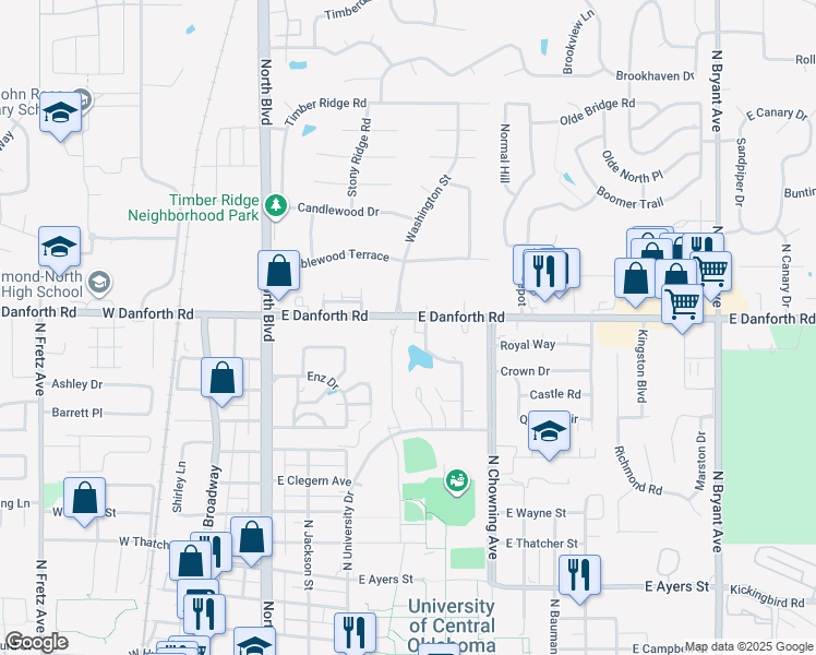 map of restaurants, bars, coffee shops, grocery stores, and more near 1222 Washington Street in Edmond