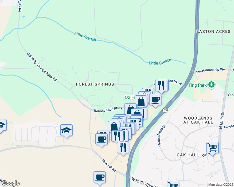 map of restaurants, bars, coffee shops, grocery stores, and more near 125 Lady's Mantle Lane in Holly Springs