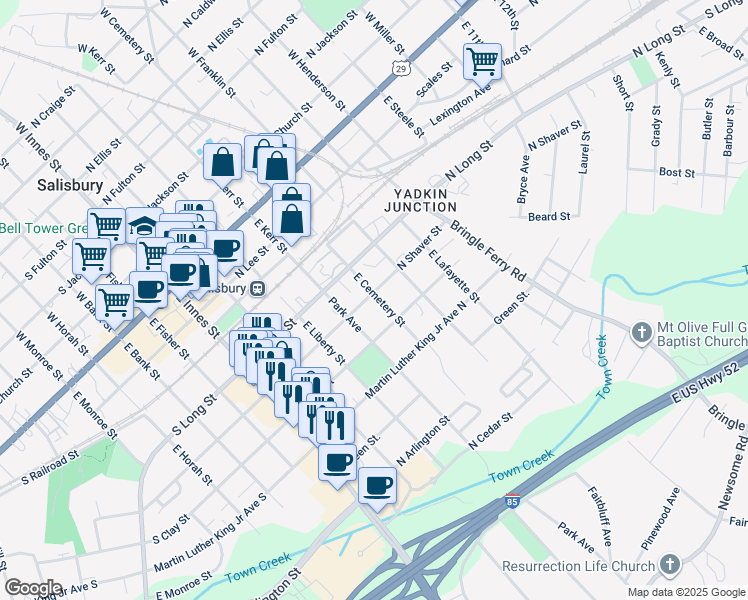 map of restaurants, bars, coffee shops, grocery stores, and more near 505 East Cemetary Street in Salisbury