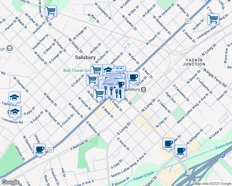 map of restaurants, bars, coffee shops, grocery stores, and more near 107 South Main Street in Salisbury