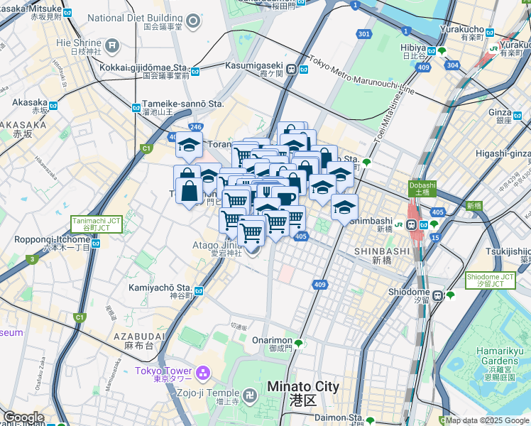 map of restaurants, bars, coffee shops, grocery stores, and more near in Minato City