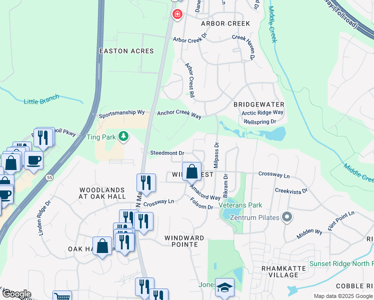 map of restaurants, bars, coffee shops, grocery stores, and more near 308 Steedmont Drive in Holly Springs
