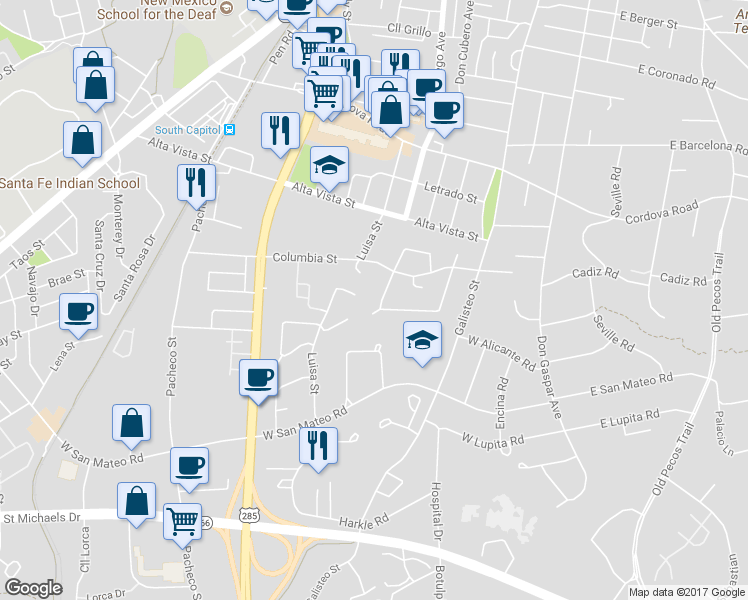 map of restaurants, bars, coffee shops, grocery stores, and more near 1448 Miracerros Loop South in Santa Fe