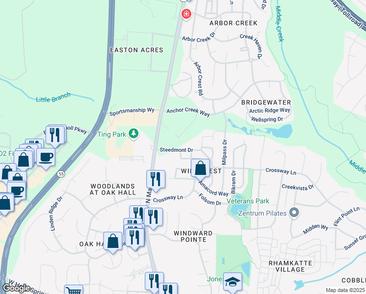 map of restaurants, bars, coffee shops, grocery stores, and more near 200 Steedmont Drive in Holly Springs