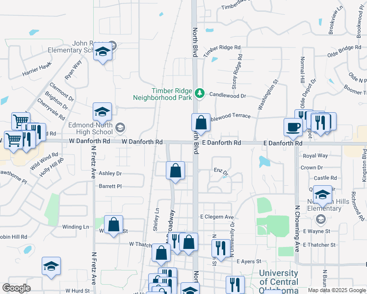 map of restaurants, bars, coffee shops, grocery stores, and more near 1124 Florence Drive in Edmond