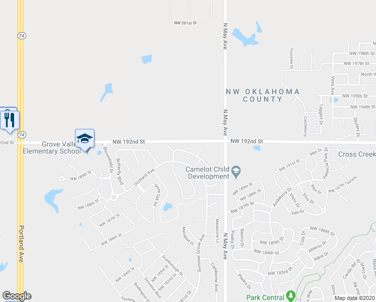 map of restaurants, bars, coffee shops, grocery stores, and more near 3017 Northwest 191st Terrace in Edmond